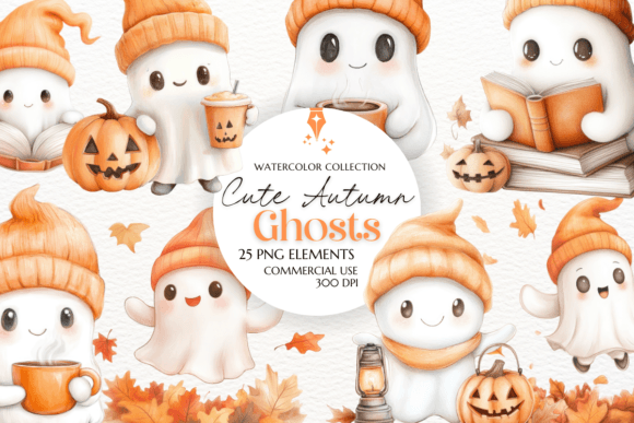 Download Cute Autumn Ghosts Watercolor Clipart - Autumn Collection